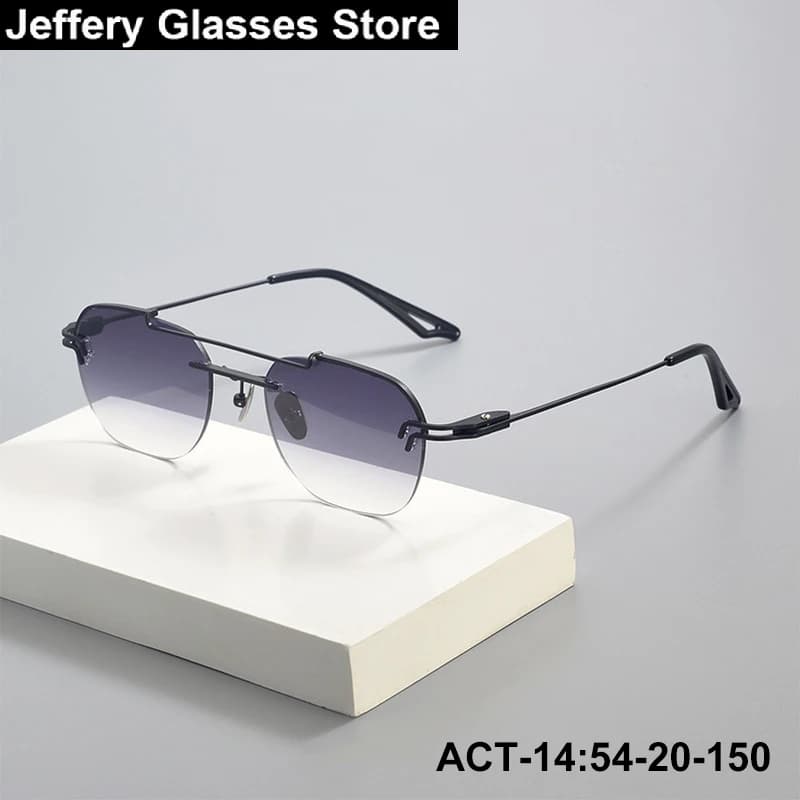 Japanese Vintage Rimless Polarized Sunglasses Men Wide Face Double Beam Fashion Square Titanium Eyeglasses UV400 Driving Shades