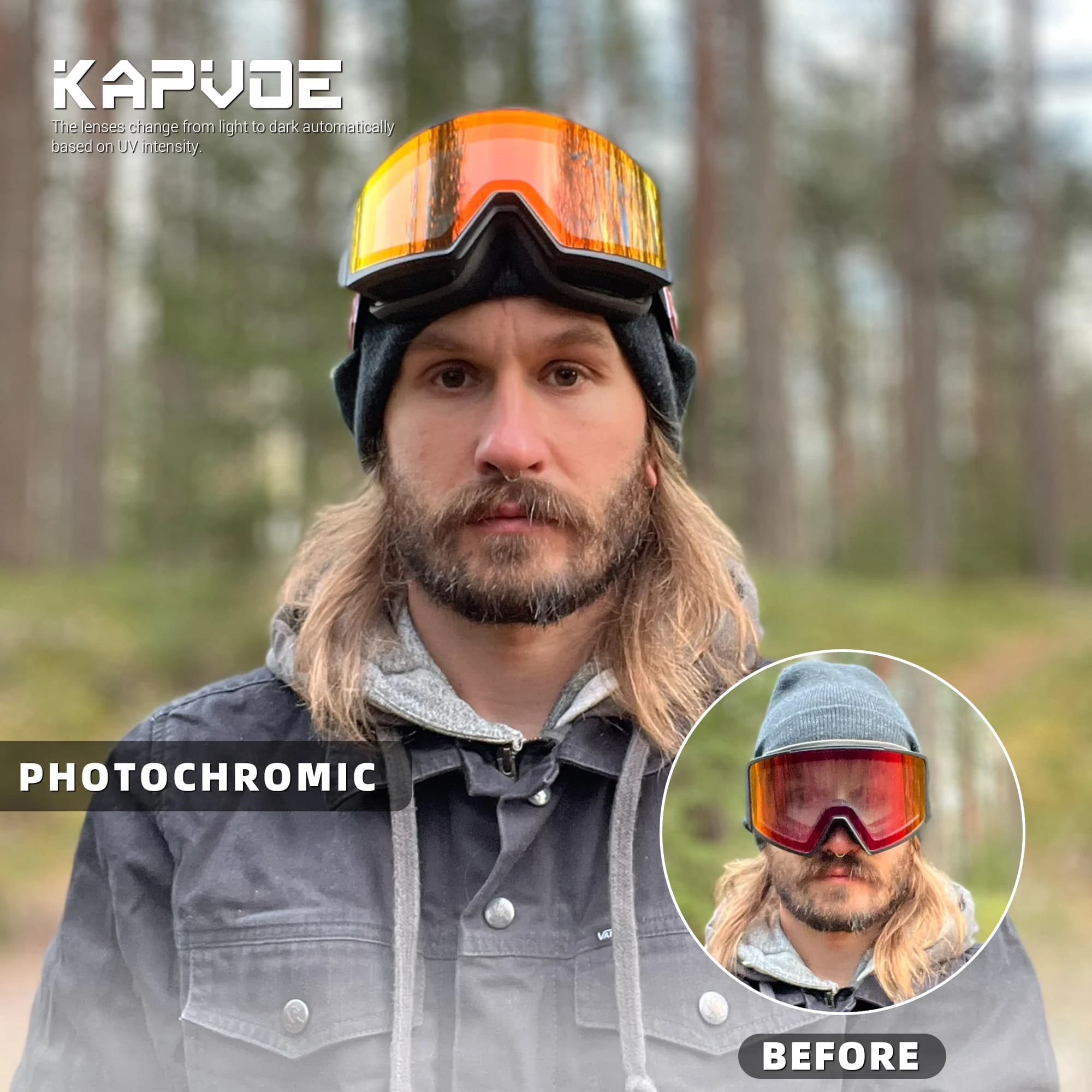 Kapvoe Occhiali da sci fotocromatici Occhiali da neve Snowboard Occhiali da sole antiappannamento Uomo Donna Occhiali di protezione UV400 Motoslitta Inverno