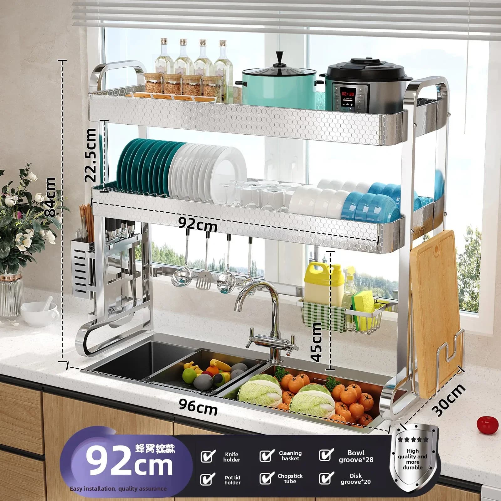 Stable Stainless Steel Kitchen Sink Shelf Dish Rack Above Sink Dish Drain Rack Knife Chopstick Rack Multifunctional Dish Rack