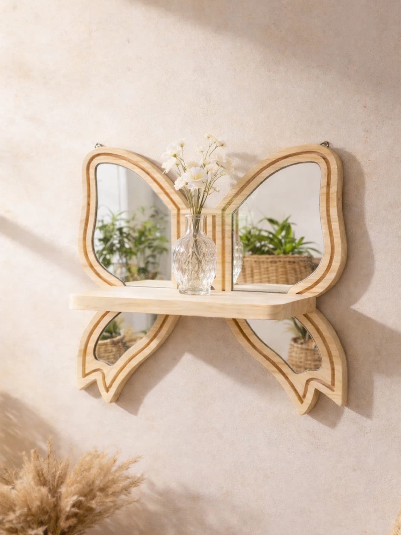 Specchio da Parete in Legno a Forma di Arco con Mensola, Mensole Galleggianti Boho, Organizzatore da Parete per Camera da Letto, Soggiorno, Arredamento Casa