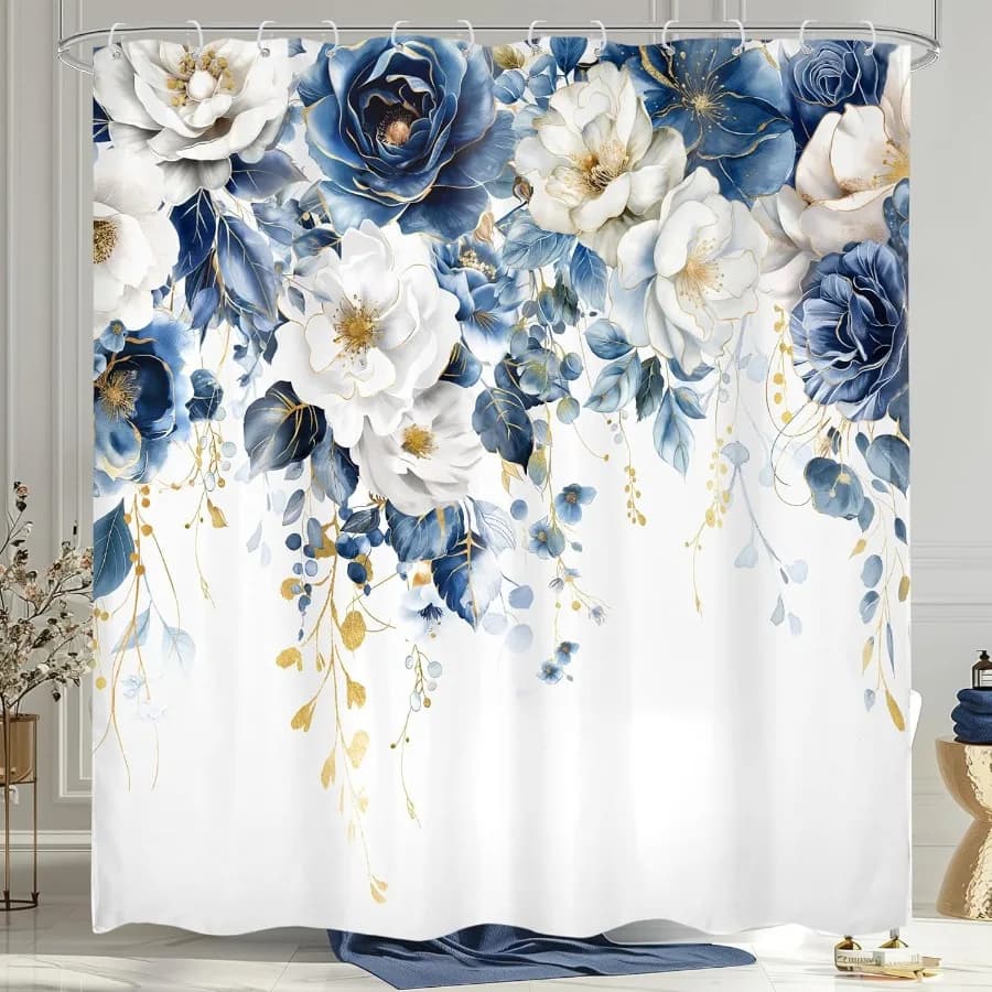 Tenda da doccia floreale blu e bianca 72Wx72H pollici Fiore primaverile Rosa Pianta Botanica Eucalipto Foglia Ragazze vy Acquerello Flusso selvatico
