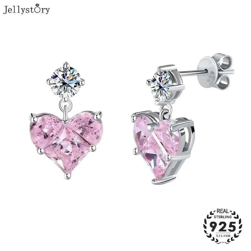 S925 sterling silver earrings for women with moissanite diamond heart-shaped pendants, love series design, Valentine's Day gift