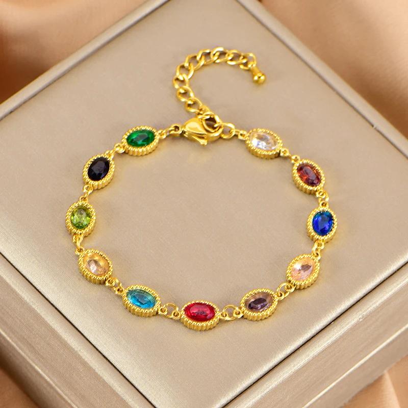 Kuziduocai Statement 100% Stainless Steel Jewelry 2025 New Colorful Zircon Droplet Fashion Charm Chain Tennis Bracelet For Women