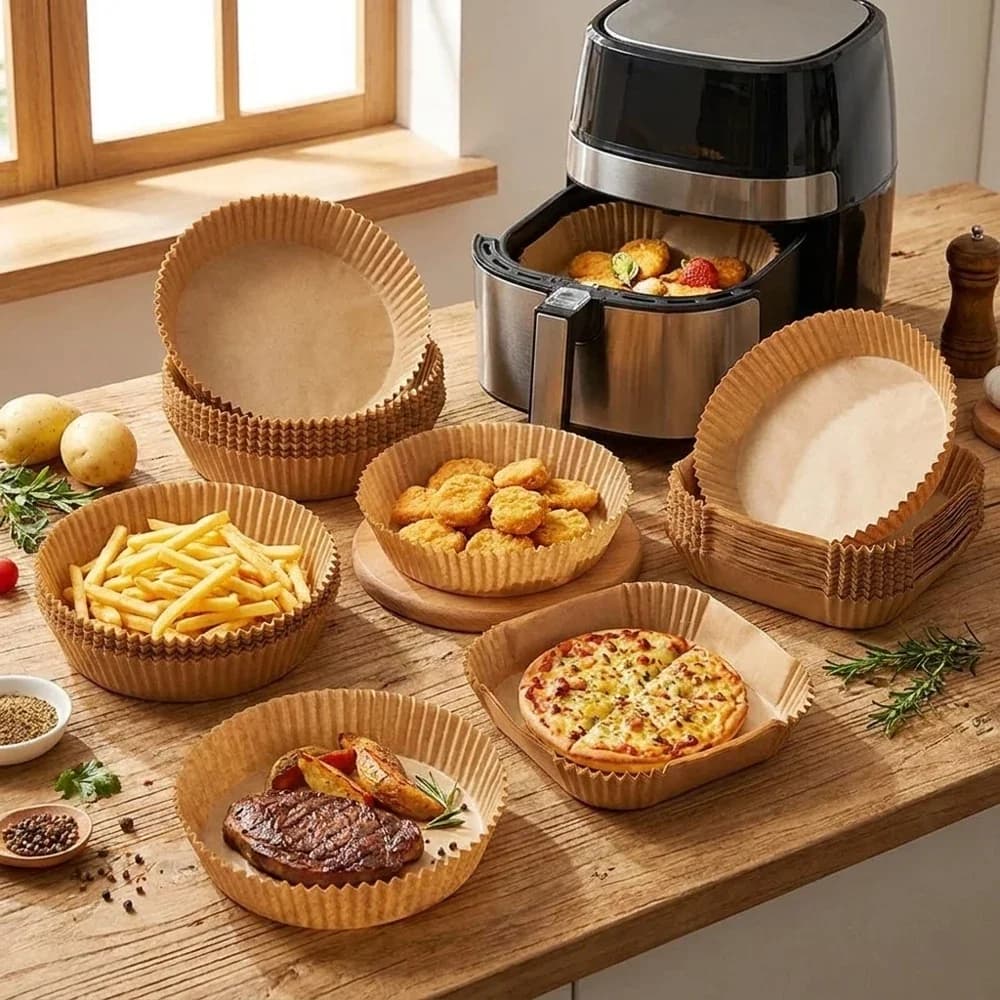 100 Pezzi di Carta da Forno per Friggitrice ad Aria, Antiaderente, Resistente all'Olio e al Calore, Rotonda e Quadrata, Carta da Cottura Monouso, Accessori da Cucina
