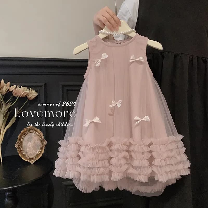 Abito da Cerimonia per Bambina, Senza Maniche, in Tulle, con Delicati Rifiniti e Gonna a Strati con Volant