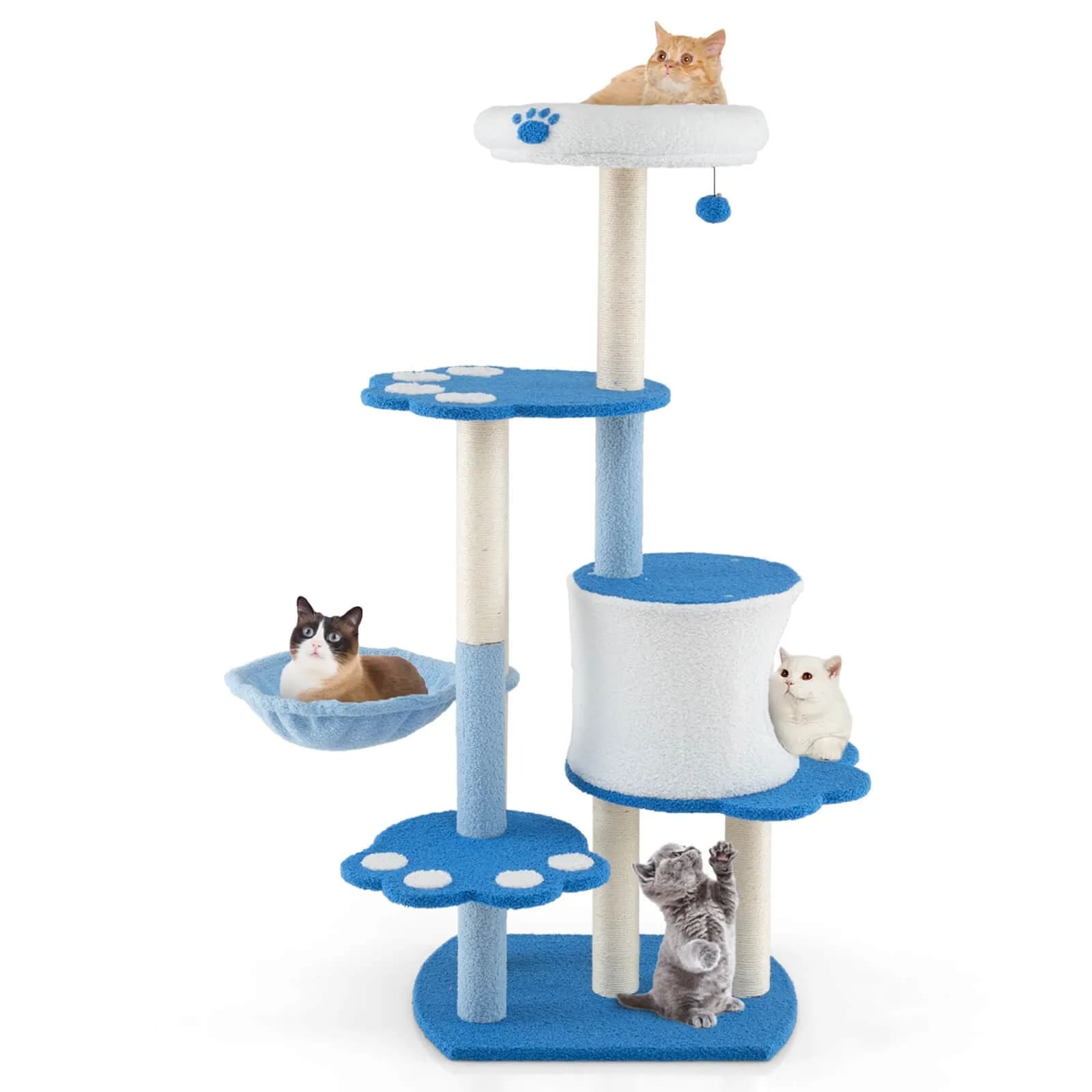 Torre per Gatti da 54 Pollici con Posti di Tiraggio in Sisal, Campanello e Cuccia per Gatti