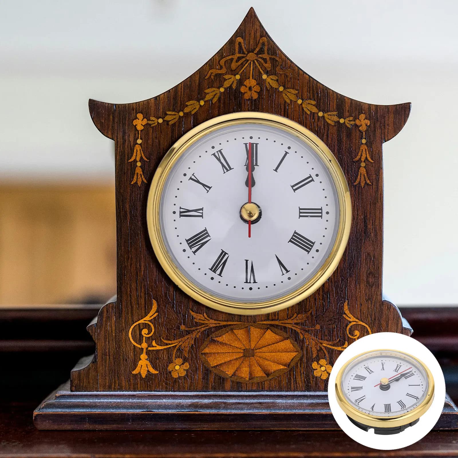 Set di 1 movimento al quarzo con inserto per orologio a numeri romani, in ferro battuto con bordo dorato, per orologi da parete e da ufficio, parti di ricambio fai da te, movimento rotondo