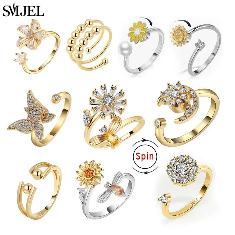 Anelli Antistress di Lusso alla Moda per Donne, Anello Girevole con Cristalli a Forma di Farfalla, Fiore e Ape, Anello Antistress per Ragazze