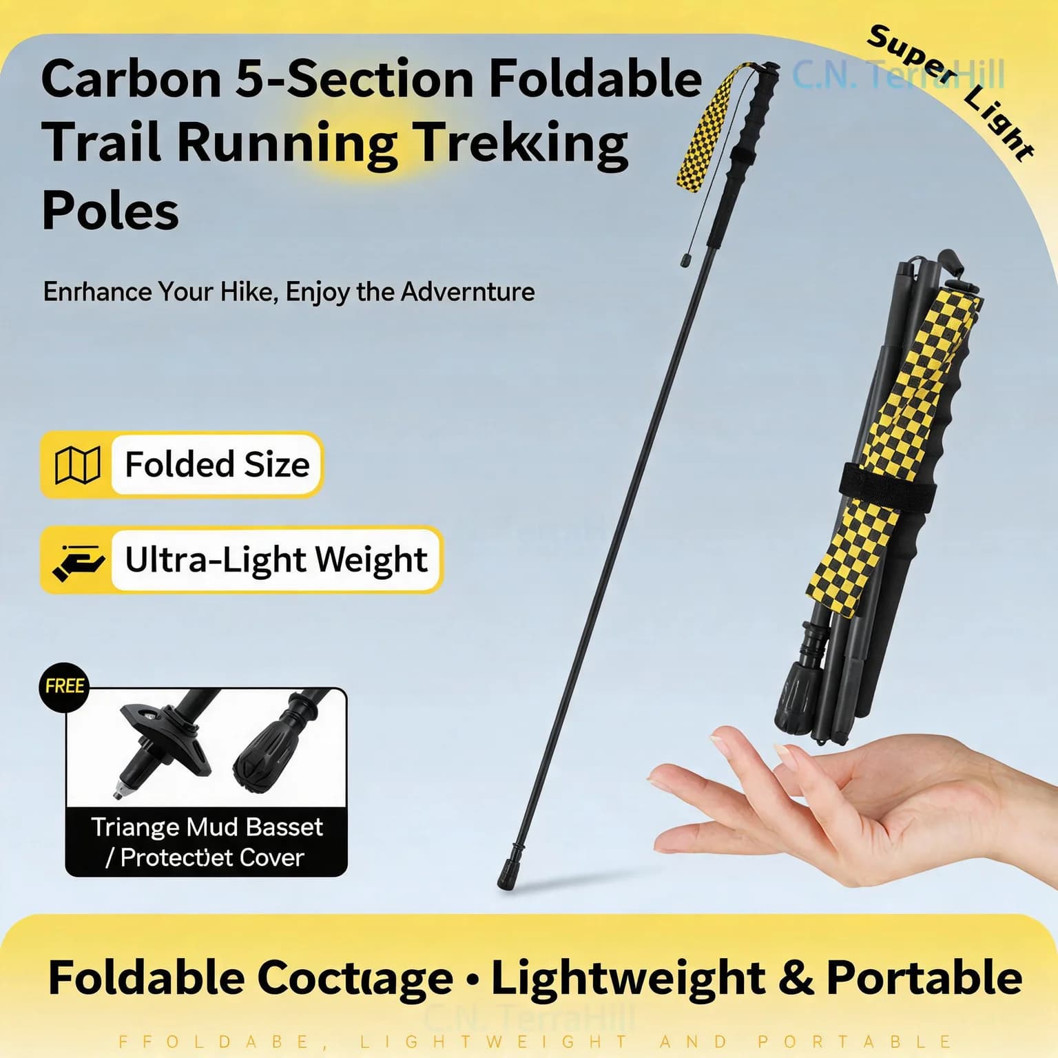 Ultralight Carbon Fiber Folding Trekking Poles for Outdoor Hiking, Trail Running and Mountaineering, Unisex