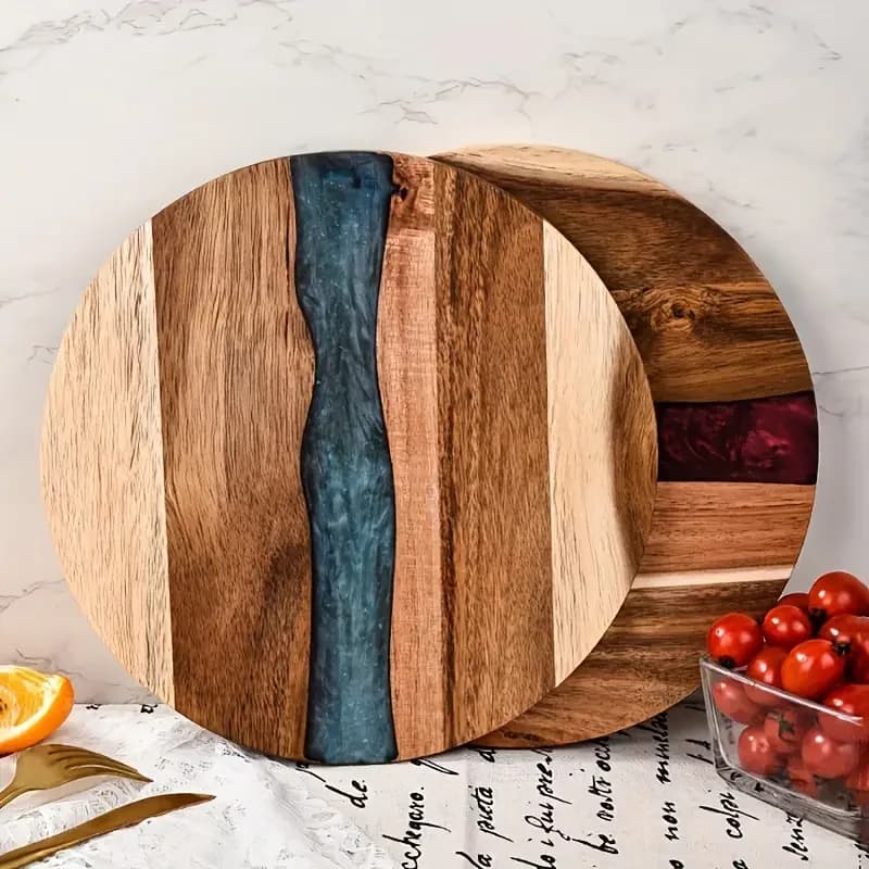 Round Acacia Wood & Resin Food-Safe Cutting Board - Perfect Kitchen Tray for Steak, Snacks, Fruit | Home & Restaurant Use