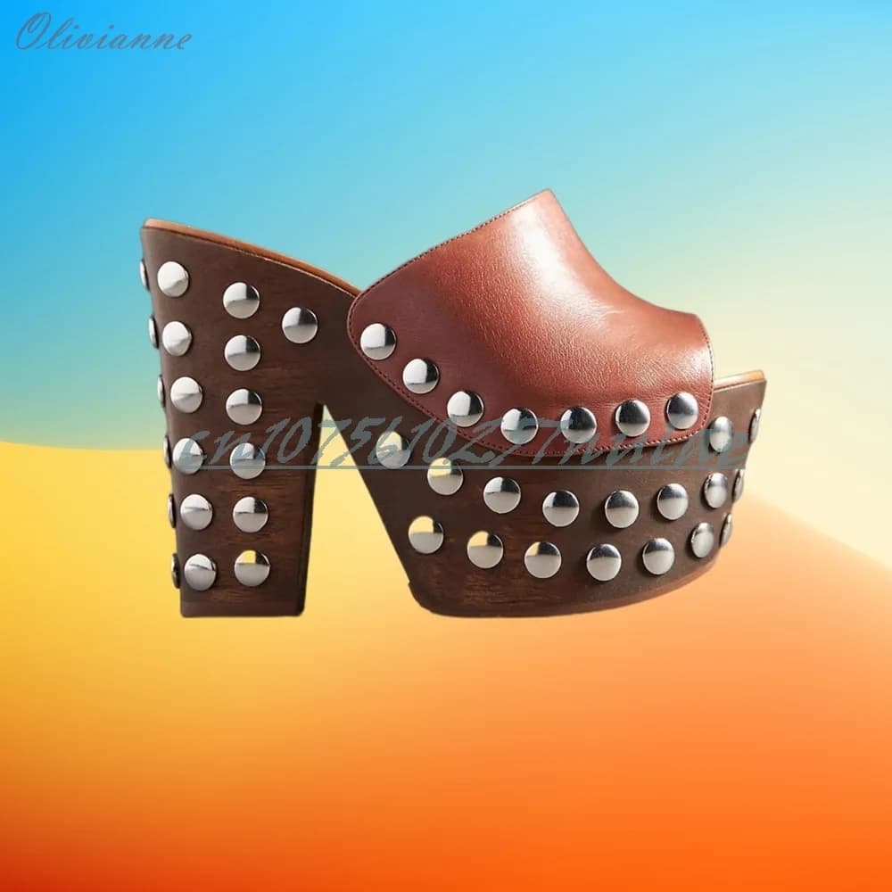 Brown Many Round Rivets Decor Peep Toe Slippers Platform Chunky High Heel Retro Elegant Party 2025 Sexy Women Shoes Para Mujere