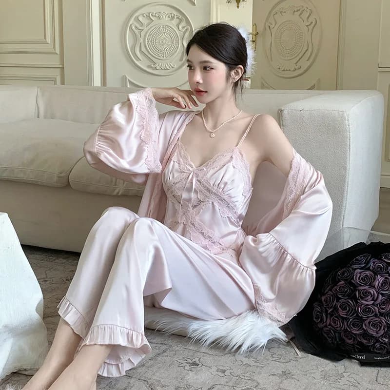 Spring Autumn Women's 3PCS Pijama Set Nightwear Sexy Bathrobe Pizzo Pigiama Dress Casual Bed Garments In Satin House Dresses