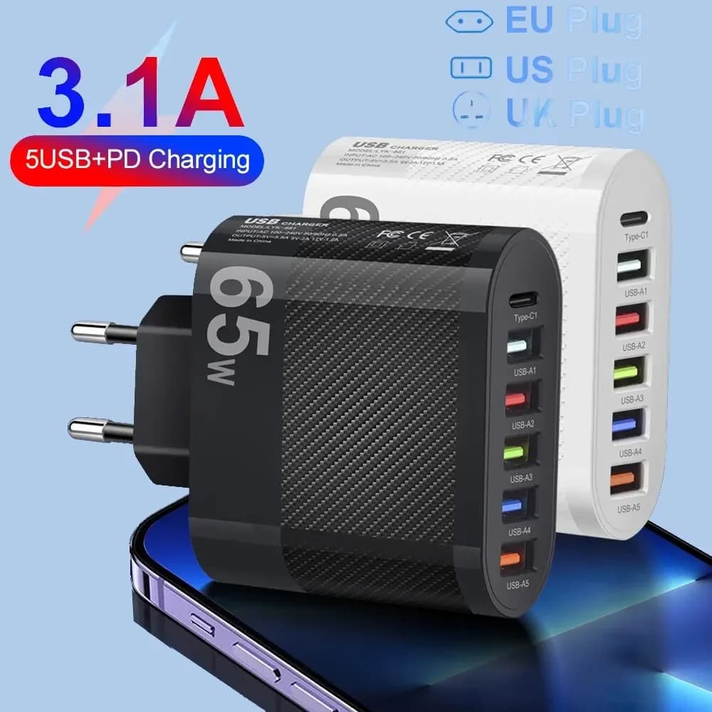 3.1A 5 Porte Caricatore USB PD Adattatore di Ricarica Veloce Per Xiaomi iPhone 15 14 Samsung Spina Del Telefono Mobile di Ricarica QC 3.0 Caricatore Da Parete