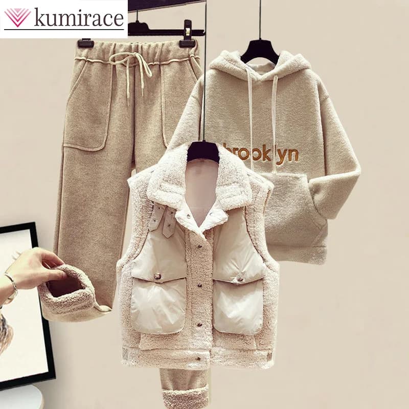 Three-Piece Cotton Coat and Vest Set for Women, Hooded Sweater, Casual Pants, Winter Clothes, Autumn, New, 2024