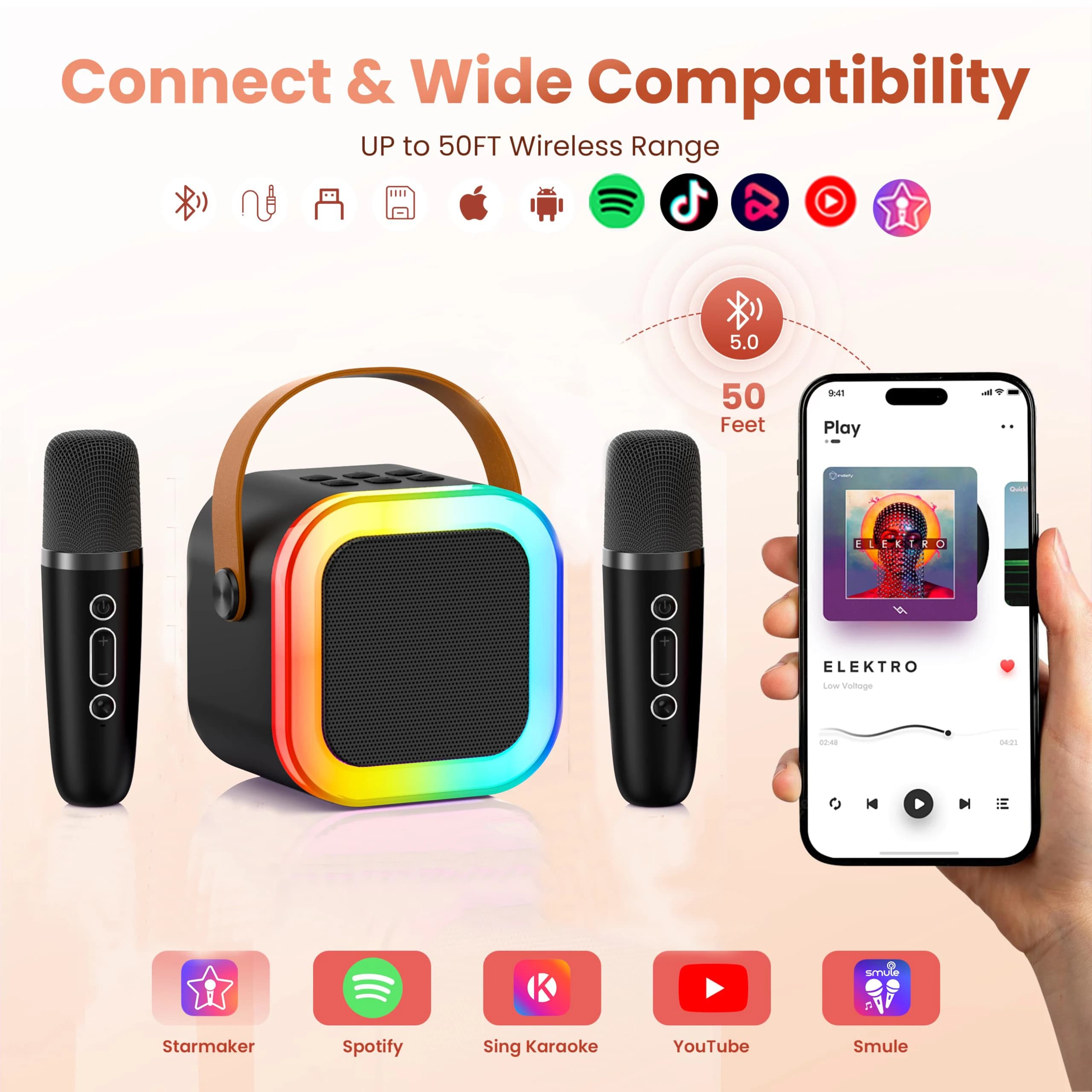 K12 Black Mini Macchina per Karaoke Portatile con Doppio Microfono, Altoparlante Bluetooth Portatile con Microfono Wireless per Karaoke, Altoparlante Karaoke Portatile, Altoparlante per Karaoke, È un'ottima scelta per feste, campeggio, viaggi e sport
