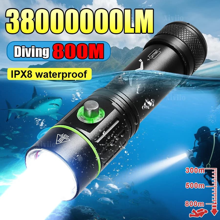 3800000LM Potente torcia subacquea IPX8 Lampada subacquea Torcia subacquea professionale 800M Torce LED ad alta potenza 18650 Batteria torcia led ricaricabile subacquea Pesca subacquea Torcia subacquea Torcia tattica