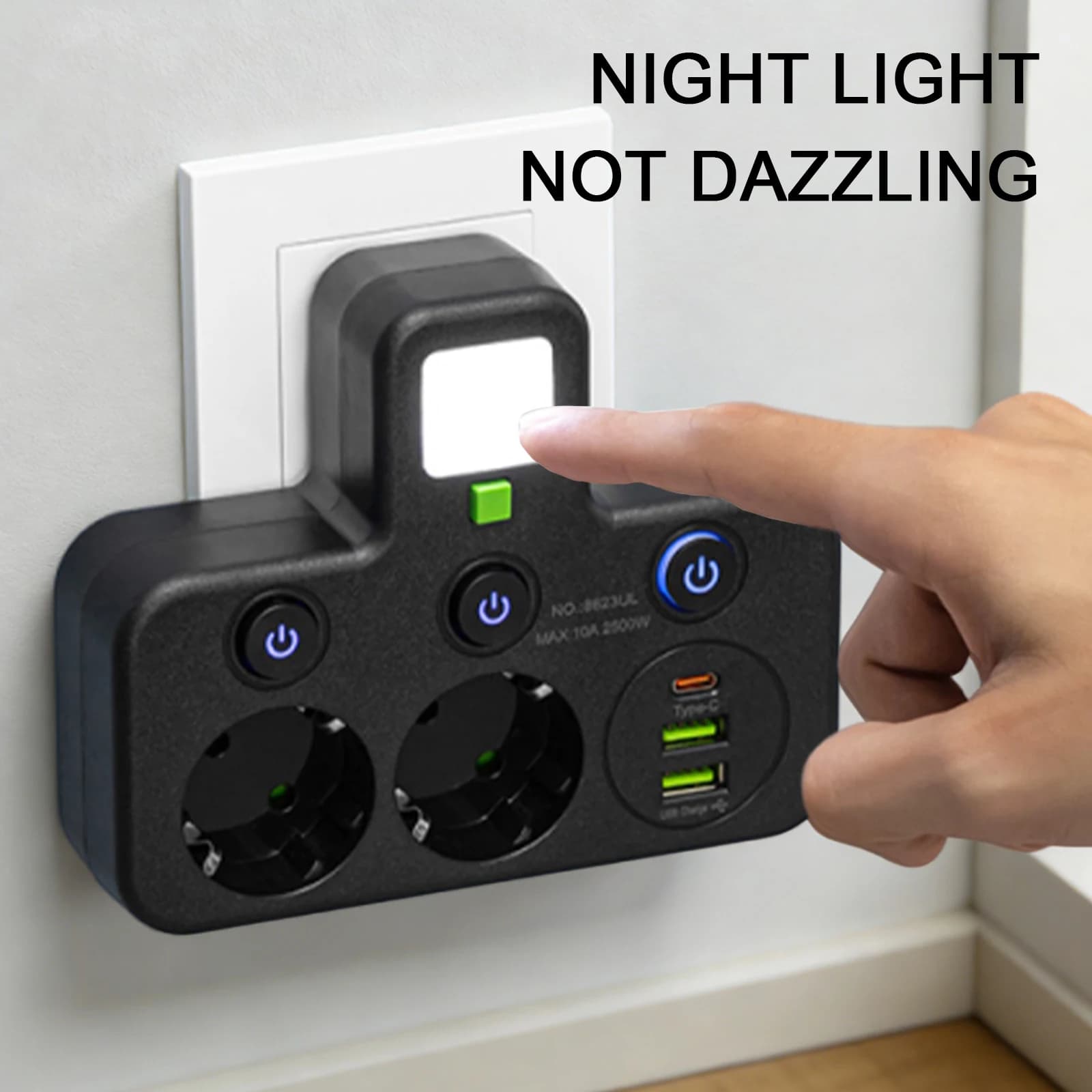 Multipresa con 3 Porte USB e Luce Notturna, Adattatore per Prese Elettriche, Essenziale per Casa, Viaggi e Dormitorio