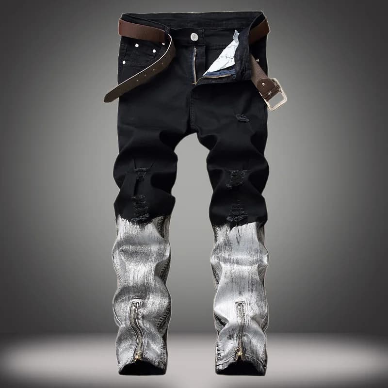 Pantaloni lunghi in denim da uomo alla moda europea e americana con rivestimento personalizzato, con polsini strappati e design con cerniera.