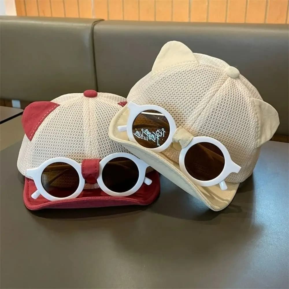 Children's Hat on the Net with Sunglasses, Baseball Cap Breathable with Cat Earrings, Lightweight Stackable Sunglasses, Sun Hat for Newborns