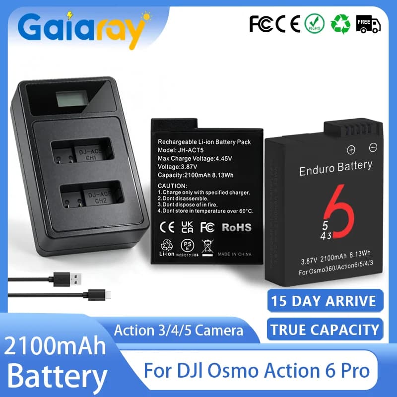 Batteria da 2100mAh (1-4 pezzi) per DJI Osmo Action 6, Action 5 Pro/4 e caricabatterie per DJI Osmo Action 4/3, Osmo 360
