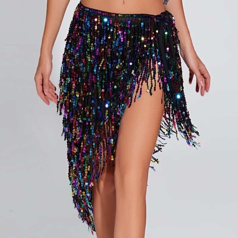 Fascia per Danza del Ventre da Donna, Colorata con Paillettes e Frange, Cintura Triangolare per Spettacoli e Feste