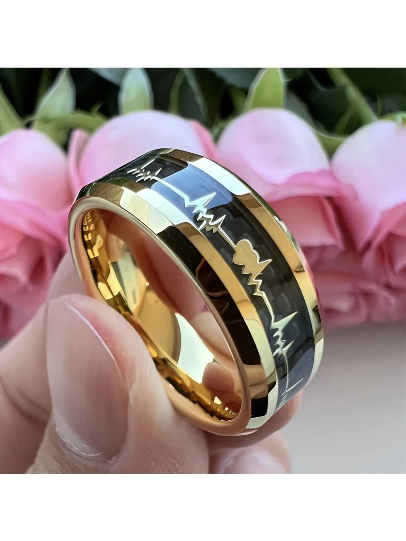 Anello Unisex - Intarsio in Fibra di Carbonio a Forma di Battito Cardiaco, Design Durevole Non Rivestito, Resistente ai Graffi e Confortevole da Indossare, Accessori di Moda