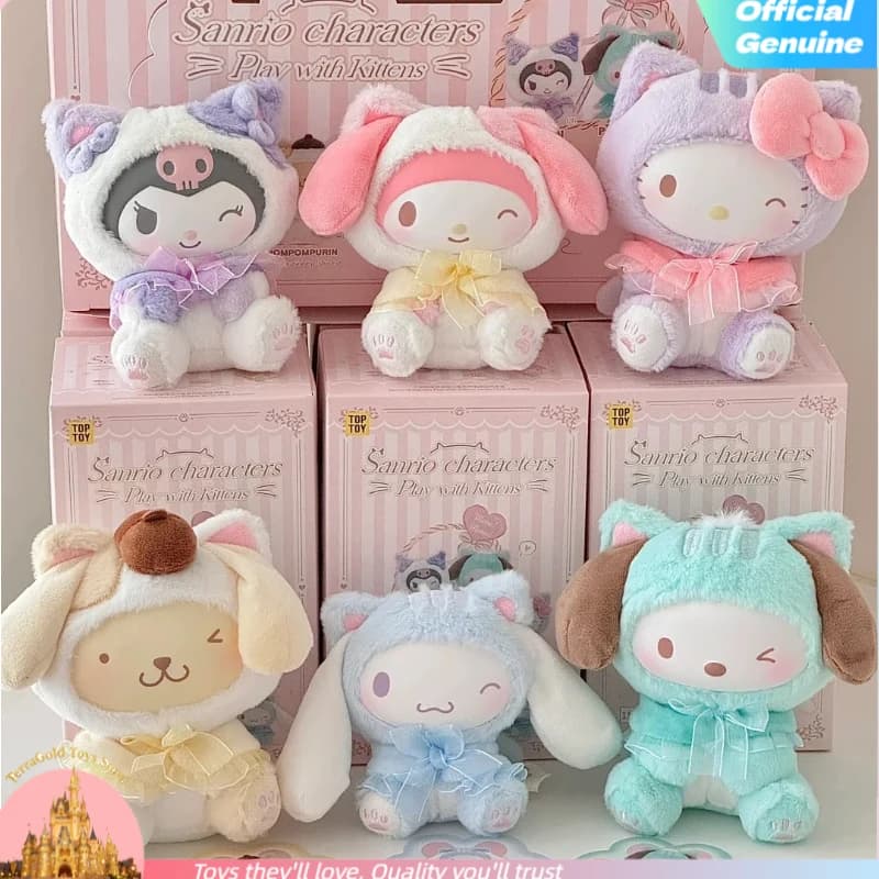 TOP TOY Sanrio Family Serie Gatti Carini Portachiavi in Peluche Blind Box Bambola Imbottita Kawaii Ornamento da Scrivania per Bambini e Fan