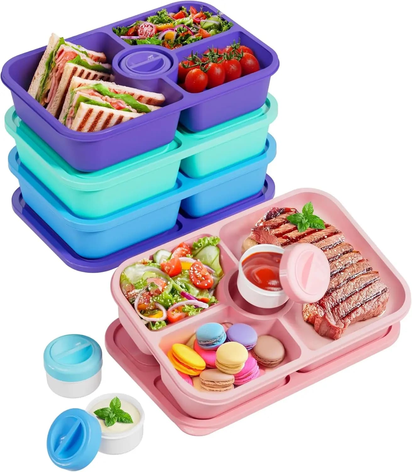 Set di 4 Contenitori per Snack Bento, Scatole Impilabili per Alimenti con Coperchi e Coppette per Salse per Preparazione Pasti