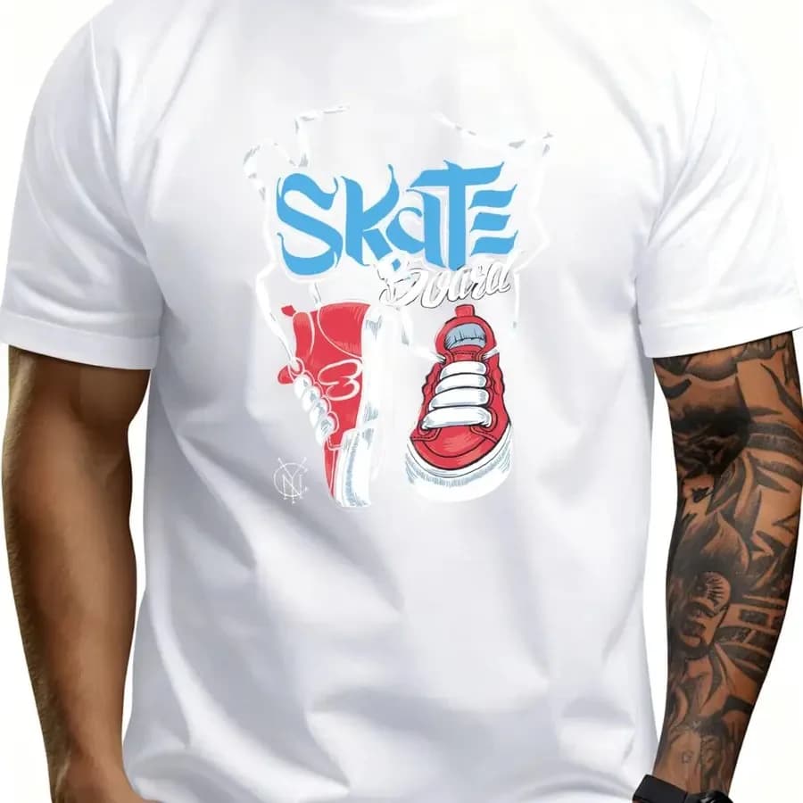 T-shirt da uomo in stile streetwear casual, con grafica a tema skate, ideale per l'estate e la primavera, regalo per skater e amanti della moda urbana.