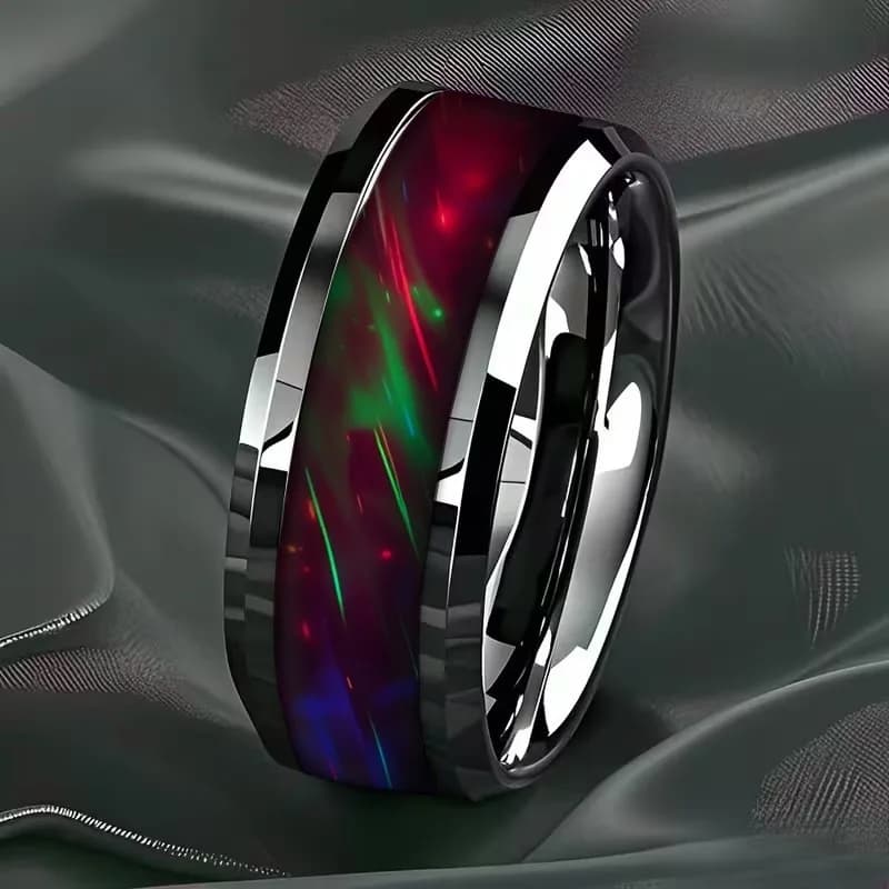 Fashionable and Trendy Men's Ring Design with Unique Inlaid Color Gradient Light and Shadow Effects. The Ring Surface Displays The Interweaving of Red, Green, and Blue Colors, with Strong Visual Impact. The Surface Is Smooth and Wear-resistant Withou