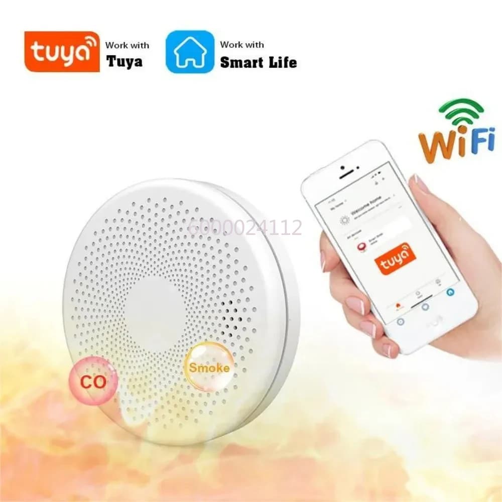2 in1 Tuya WiFi Fumo Monossido di carbonio Composito Allarme di sicurezza Rilevatore di incendio domestico Funziona a batteria Smart Life APP Telecomando
