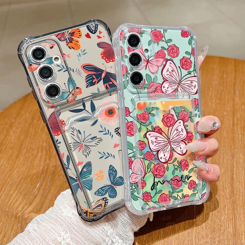 Transparent Case with Floral Pattern and Butterfly for Samsung Galaxy S26 S25 S24 S23 Ultra S22 Plus S25 Edge S24 FE, Card Cover and Wallet