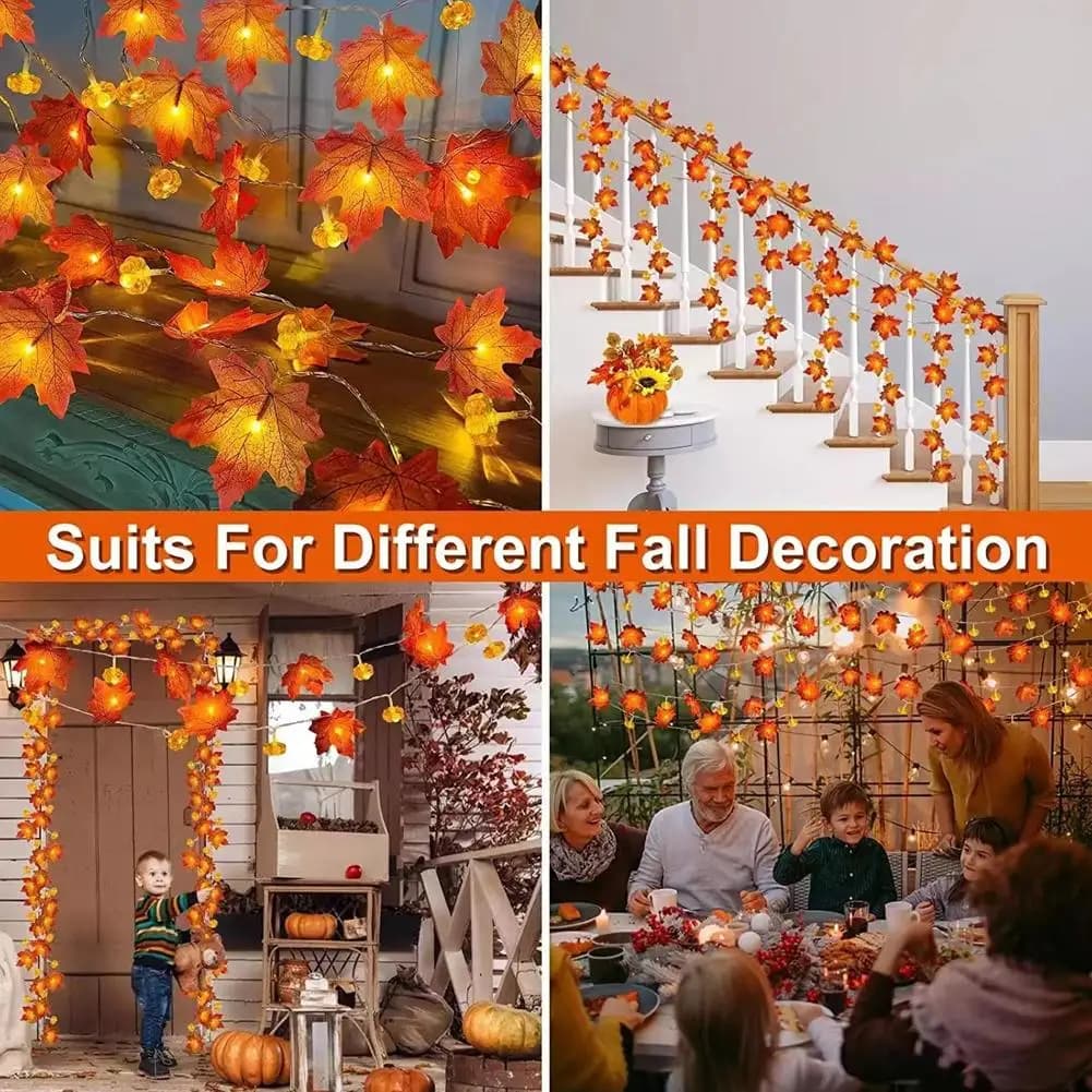 Luci a stringa di zucca piatte a foglia d'acero a LED Luci fiabesche alimentate a batteria per la decorazione esterna della scena di disposizione delle feste in casa
