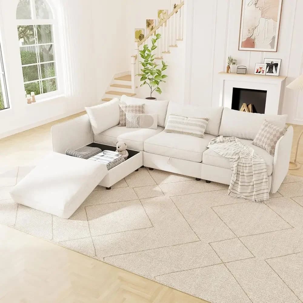 Certified 4-Seat Sectional Sofa with Removable Covers, Chenille Fabric, Ottoman Included, L-Shaped Couch with Storage, Beige Liv