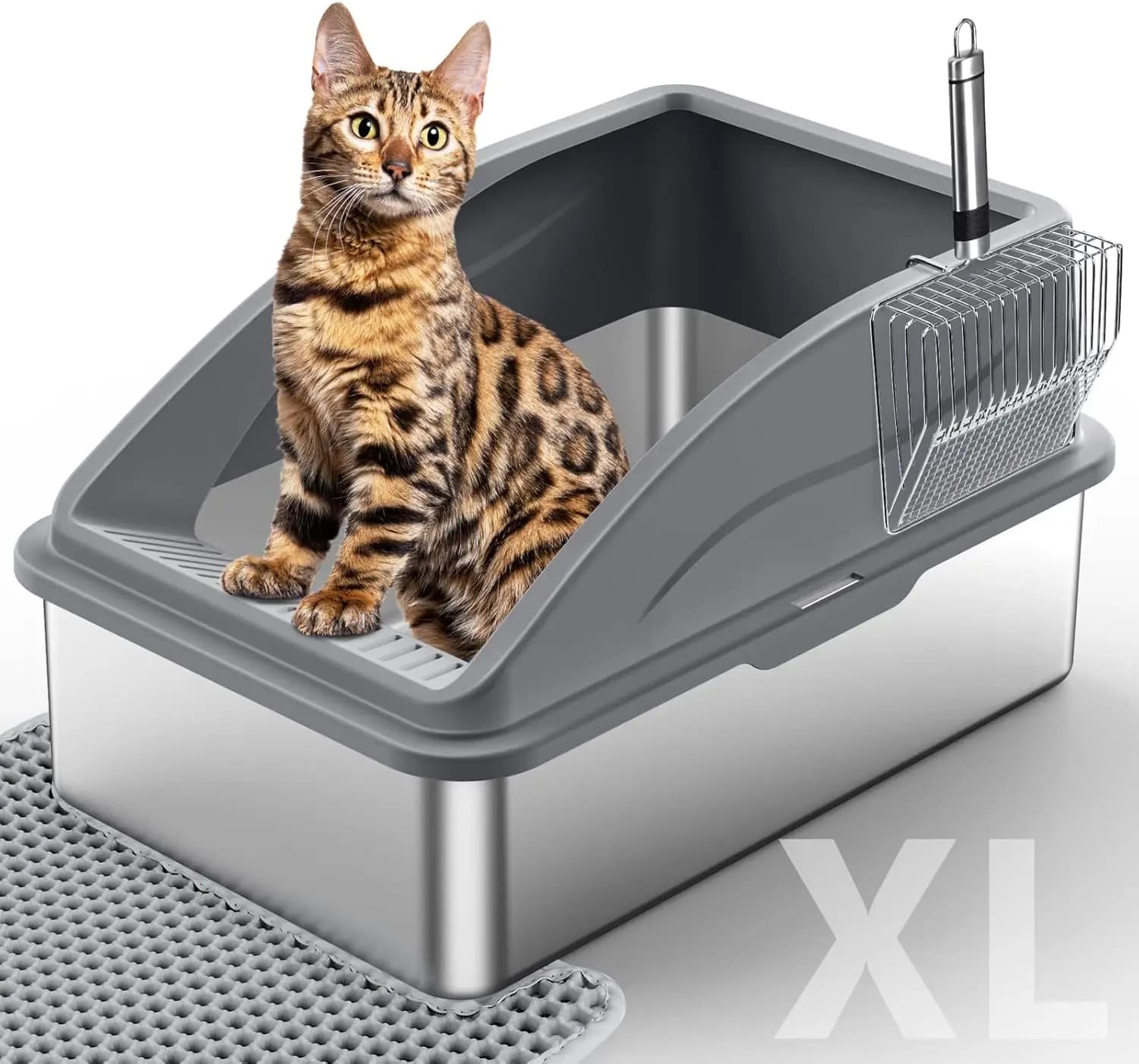 Lettiera per Gatti Extra Large in Acciaio Inossidabile con Coperchio, Design Anti-Perdita, Include Tappetino e Paletta per Gatti di Taglia Grande