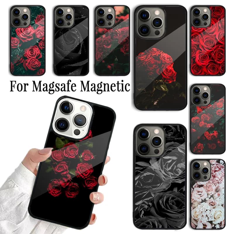 Cover per iPhone con Motivo Floreale Scuro a Rose per iPhone 17 AIR 16 15 14 13 12 11 Pro Max Plus, Custodia Magnetica Wireless Magsafe