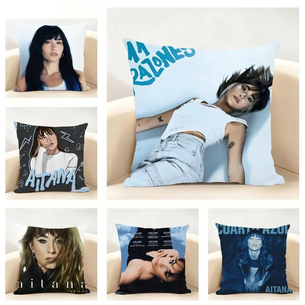 Flax pillow case with pop singer print A-Aitana O-OcanaS, soft, for sofa, bed, home decoration