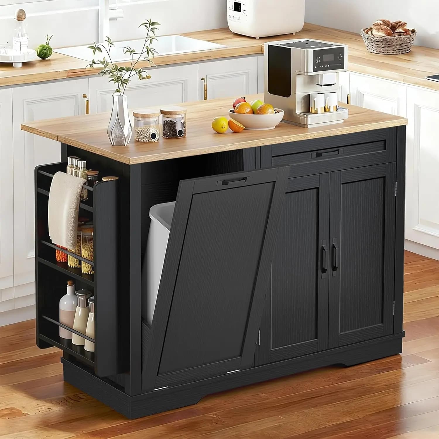 Isola da cucina con ruote da 50 pollici con armadietto portaoggetti per pattumiera e ribaltamento, tavolo mobile portatile per isole, lungo mobile galleggiante con