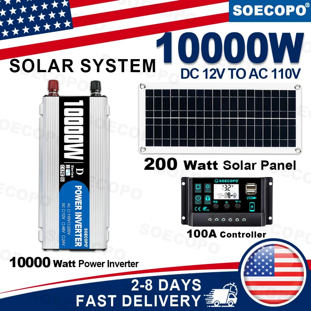(Stock USA) Kit Generatore Solare 10000W di Picco con Pannelli da 200W, Inverter di Potenza da 12V a 110V, Sistema di Carica con Controllore 100A per Camper e Casa