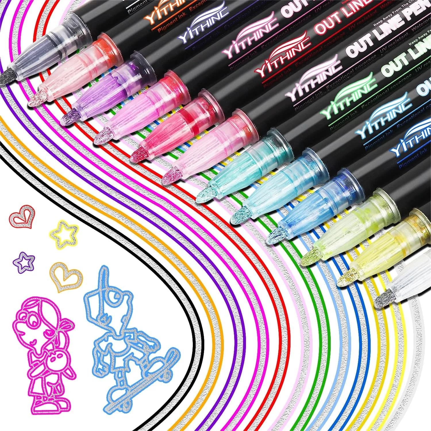 12 Penne Gel Glitterate Metallizzate per Bambini e Adolescenti, Pennarelli per Contorni, Materiali Artistici per Scuola e Disegno, Regali di Compleanno per Ragazze
