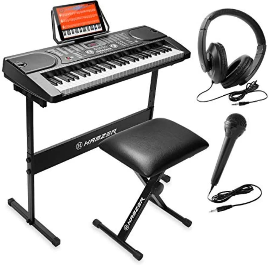 Kit Pianoforte Digitale a 61 Tasti con Supporto e Sgabello in Nero, Pianoforte Elettrico per Principianti con Altoparlanti Integrati, Cuffie e Microfono