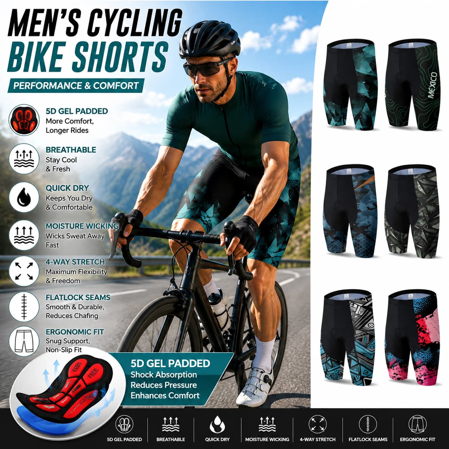 Pro Cycling Bib Shorts for Men – 5D Shockproof Gel Pad & Moisture Wicking Comfort Anti-Shock Breathable Bicycle Shorts