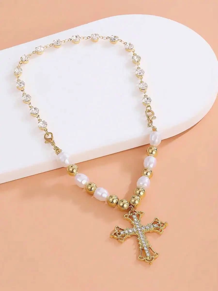 Minimalist cross and pearl pendant necklace for unisex fashion jewelry lovers