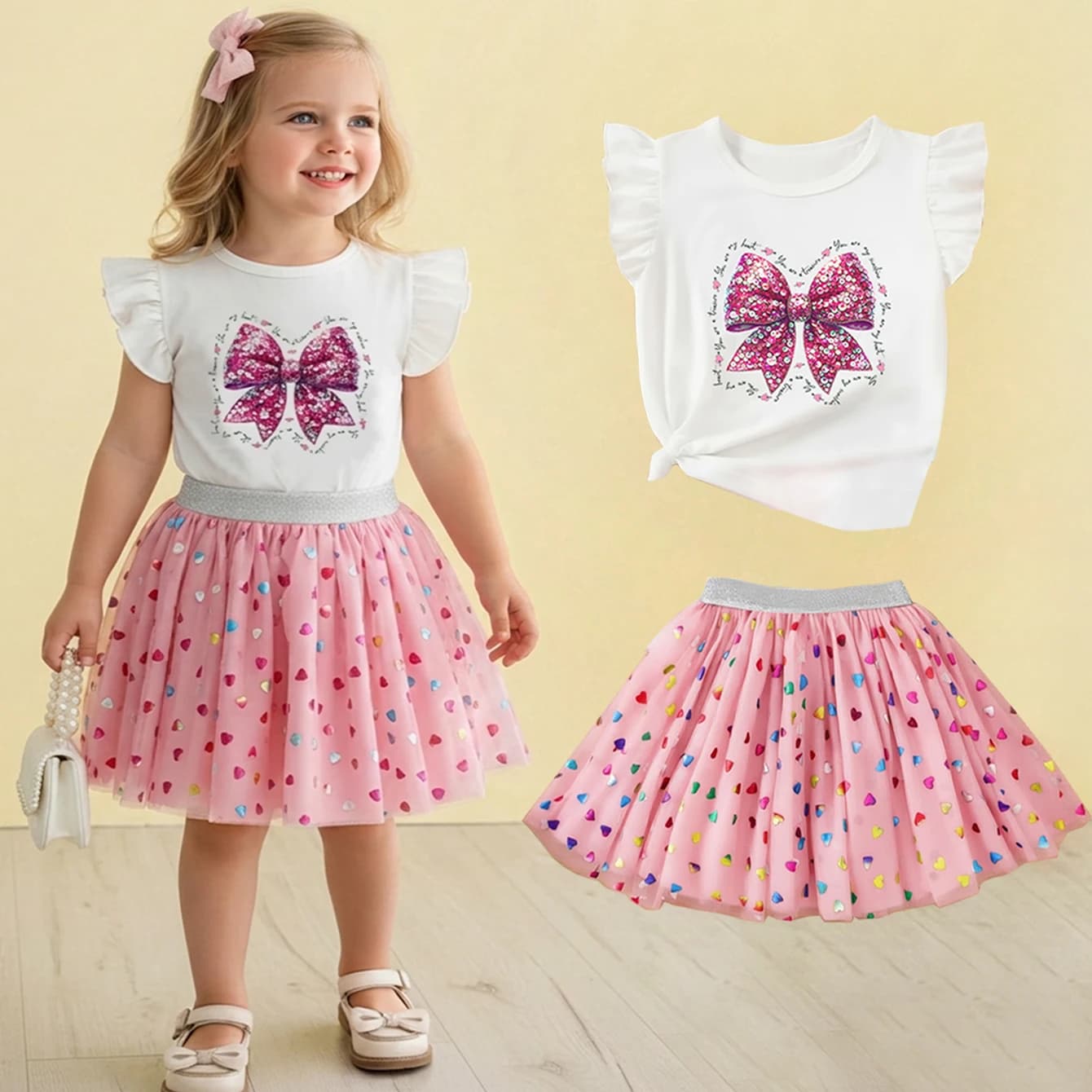 Set di Abbigliamento Estivo per Bambine: T-shirt con Maniche a Sbuffo e Fiocco & Gonna Tutu con Stampa a Cuori, 2 Pezzi, Outfit da Festa per Bambine 1-6 Anni