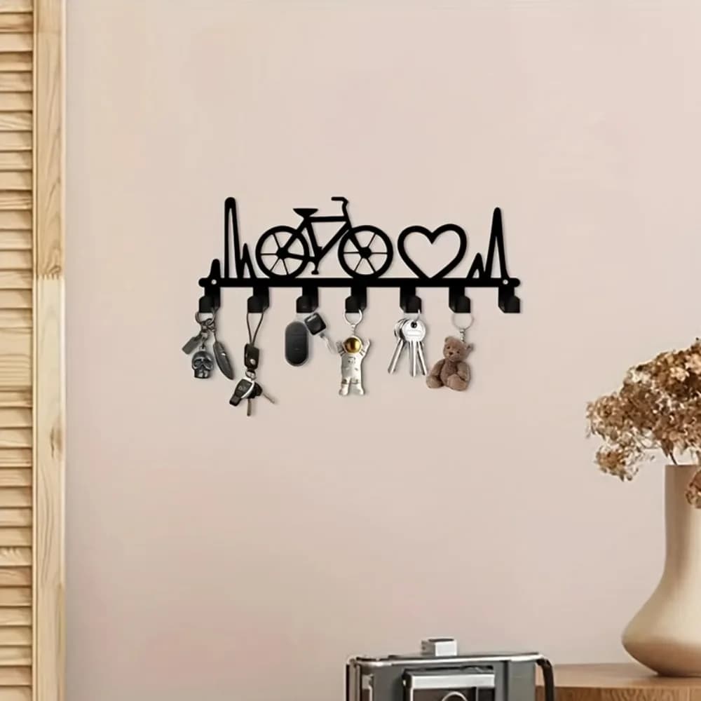 Decorazione da parete in metallo con 7 ganci, design a forma di bicicletta, organizer da ingresso per chiavi e cappotti, antiruggine, decorazione per la casa