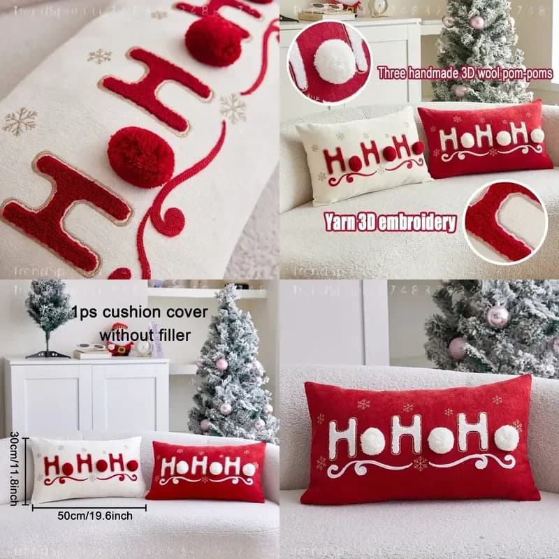 1pc Terry Embroidery HOHOHO Christmas Pillowcase Decorative Cover with 3 Hand Sewn Pom Poms Warm Home Sofa Decor Throw Ideal