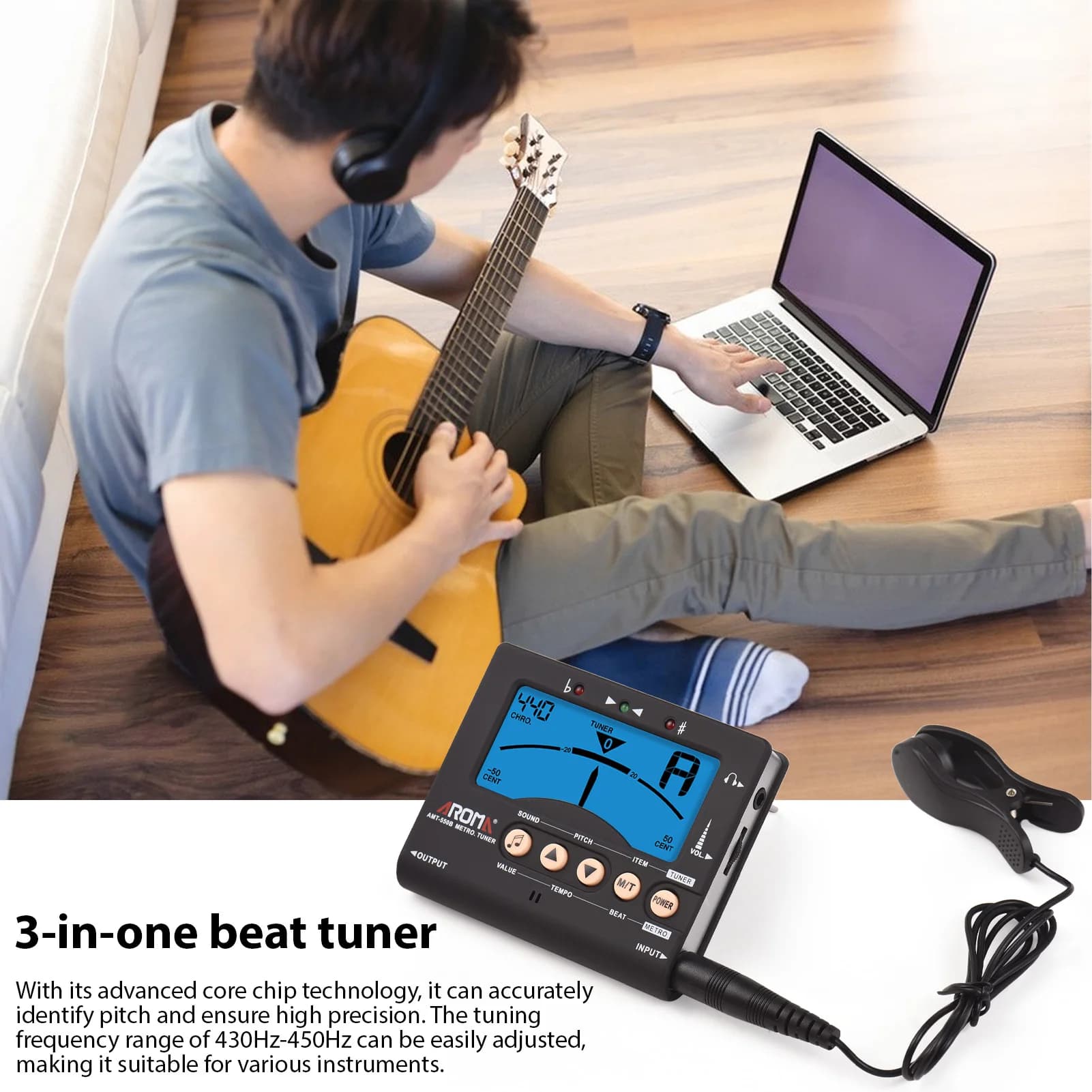 Accordatore per Chitarra Cromatica, Basso, Violino, Ukulele con Display LCD Retroilluminato, Portatile con Connettore da 6,35mm
