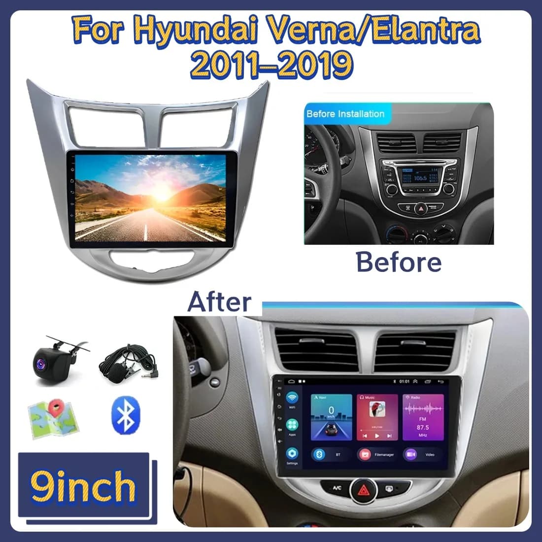 Autoradio 9 pollici 2+64G per Hyundai Verna/Elantra modelli 2011-2019, Android 13 con Carplay, Navigatore GPS, Bluetooth