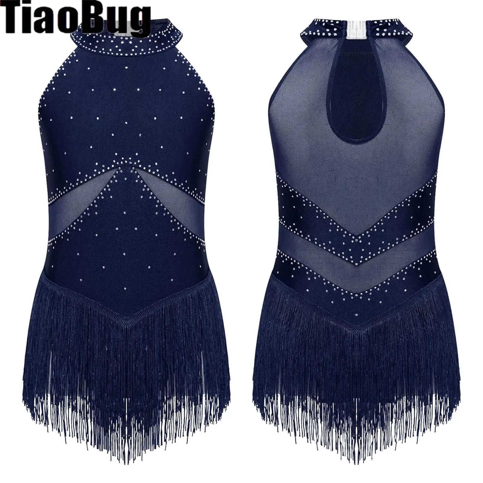 Body da ballo con frange per bambina, strass scintillanti, body con nappa sul retro, patchwork in rete trasparente, per pattinaggio di figura