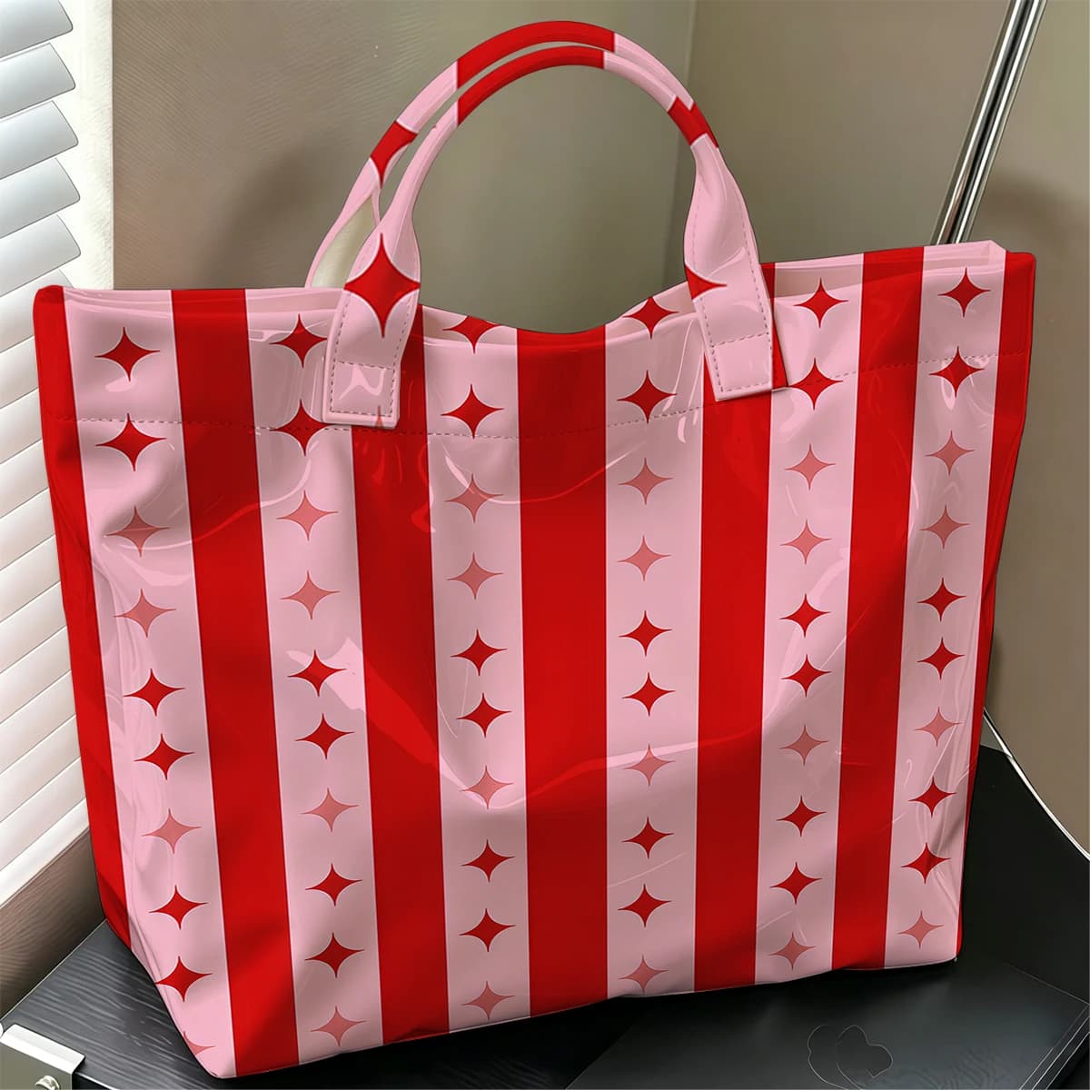 Red Stripe Starburst Cute Large Glossy PVC Tote Bag Hand Washable Lightweight Soft for Travel Commute Makeup Storage Handbags